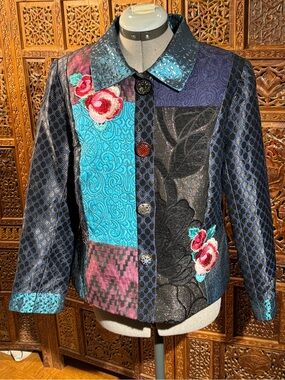 Julia Kim Patchwork Floral Embroidered Women's Jacket in Teal, Black & Pink